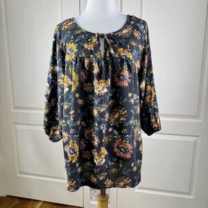 Natural Life Maribel Floral Top Blouse M Boho Peasant CottageCore Dark Gray